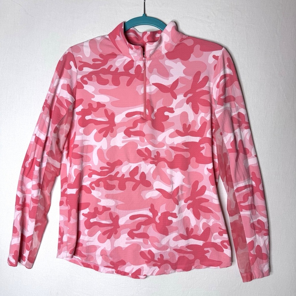 IBKUL Athletic Top Sz L Mesh‎ UPF 1/4 Zip Pickleball Tennis Golf Pink Camo READ